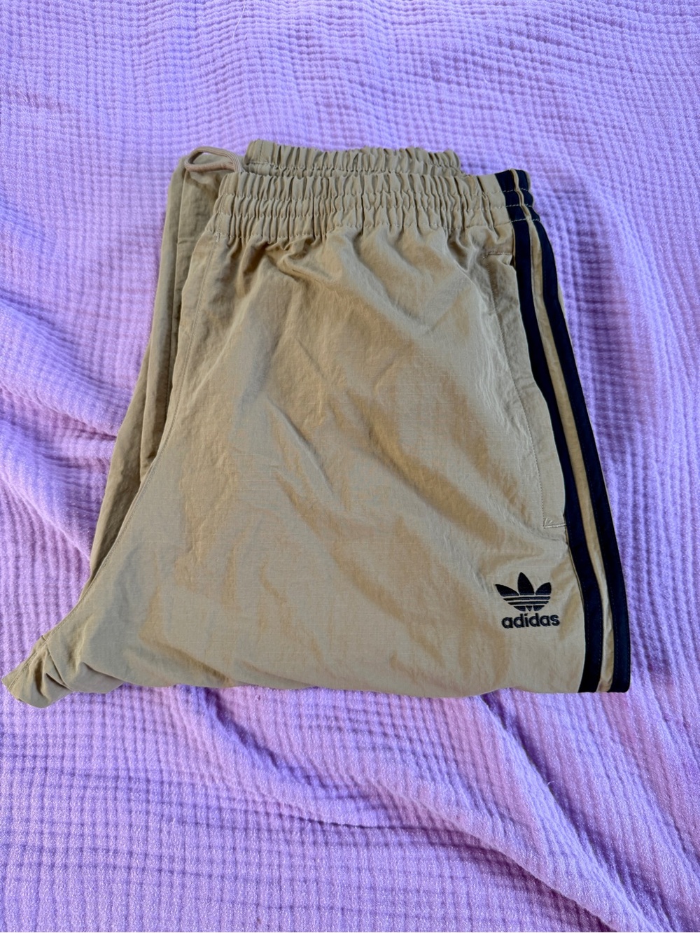 Adidas Mens Tan Cargo Track Pants with Black Side Stripes